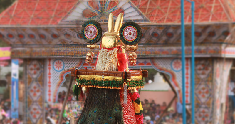 primo piano a una testa di cavallo di legno, durante un festival in kerala